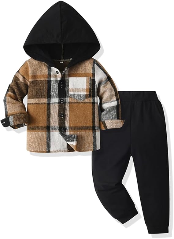 Yanmucy Toddler Baby Boys Clothes Outfit 2PCS Cotton Plaid Boy Hoodies Shirt Tops +Pants Set Little Boys Sweatsuit Suit Kids Tracksuit Spring Fall Winter Clothing Set