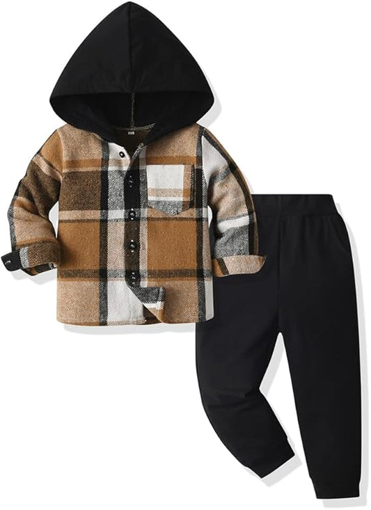 Yanmucy Toddler Baby Boys Clothes Outfit 2PCS Cotton Plaid Boy Hoodies Shirt Tops +Pants Set Little Boys Sweatsuit Suit Kids Tracksuit Spring Fall Winter Clothing Set
